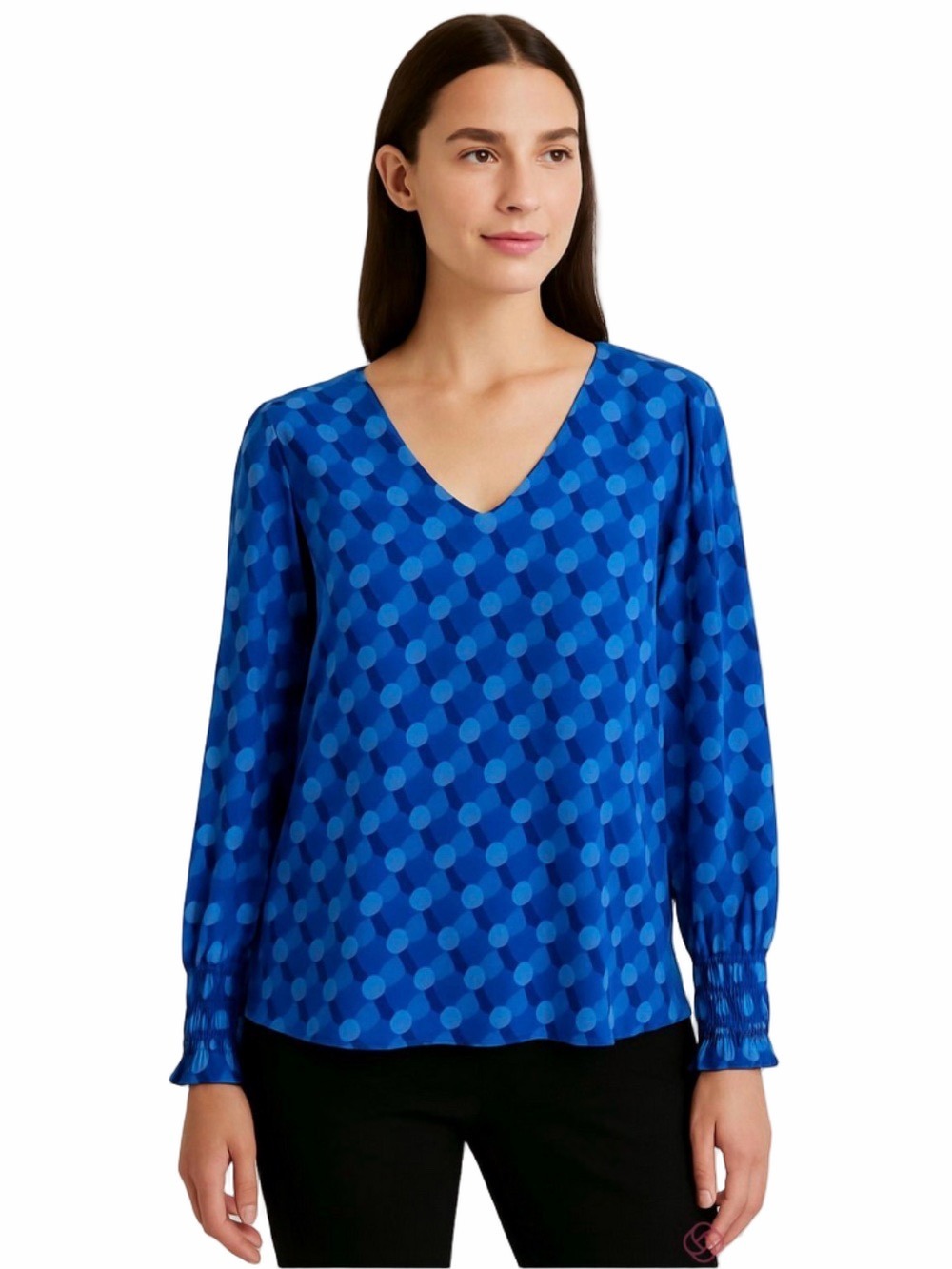 Ann Taylor Blouse Womens XXL  Long Sleeve Blue White V Neck Boho Business Career